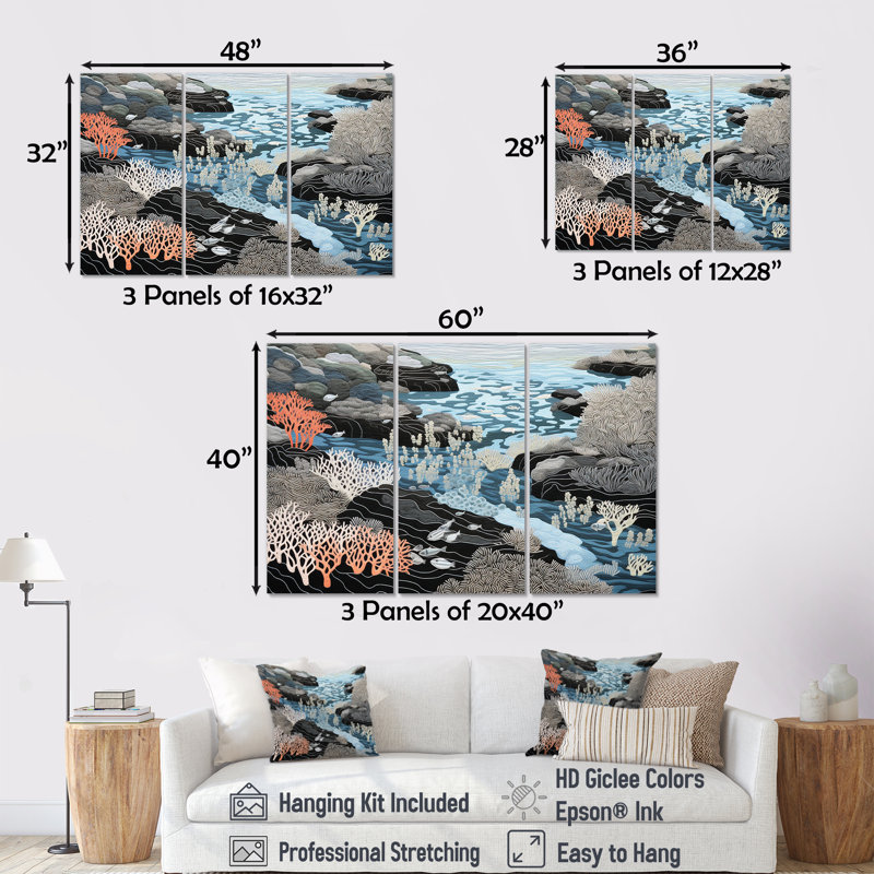 Noir et blanc abstrait, coraux, rivière I - Ensemble d'art mural corail sous l'eau, Toile tendue, H 40 po x l 60 po x P 1 po