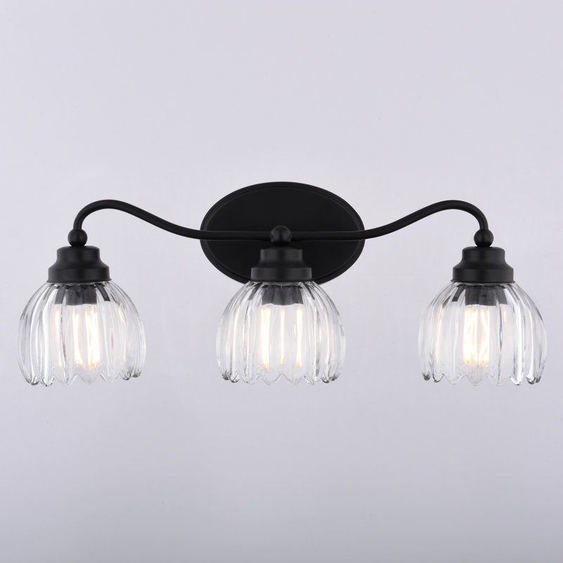 Éclairage pour meuble-lavabo noir mat à 3 lumières Shirley, 21,25 po de largeur, verre tulipe transparent cannelé, acier, à intensité variable, compatible DEL, fixation réversible