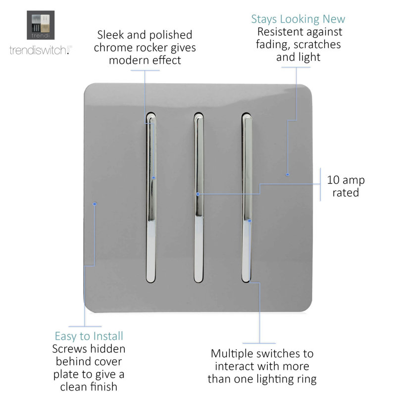 Trendi Switch 3 Gang 1 or 2 way Rocker Light Switch, Light Grey