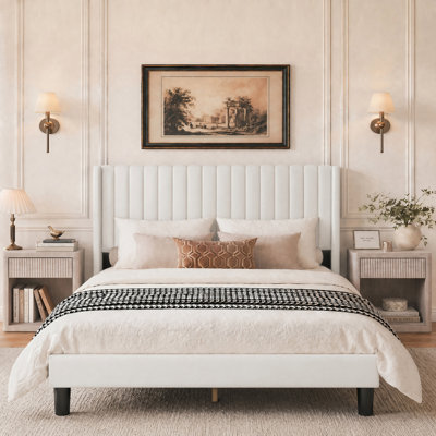Avelyn Upholstered Wingback Bed Frame With Fluted Nightstand Set, Bedroom Furniture Set
