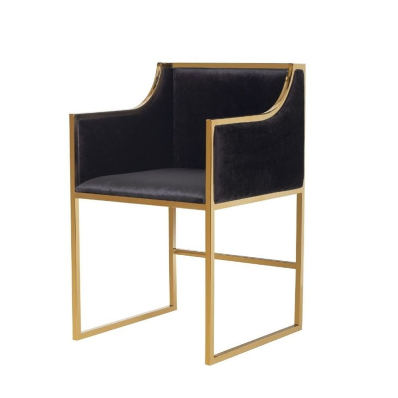 Chaise avec accoudoirs en velours Kusta, Noir et or