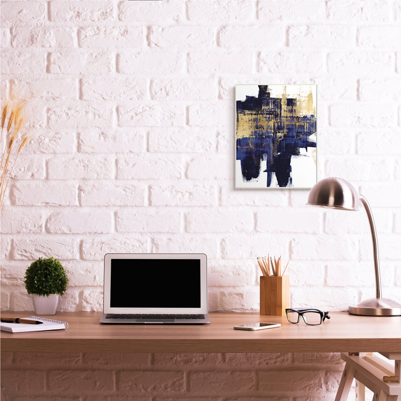 Art mural surdimensionné abstrait sur un coup de pinceau bleu doré par Alex Wise, Plaque murale, H 19 po x l 13 po