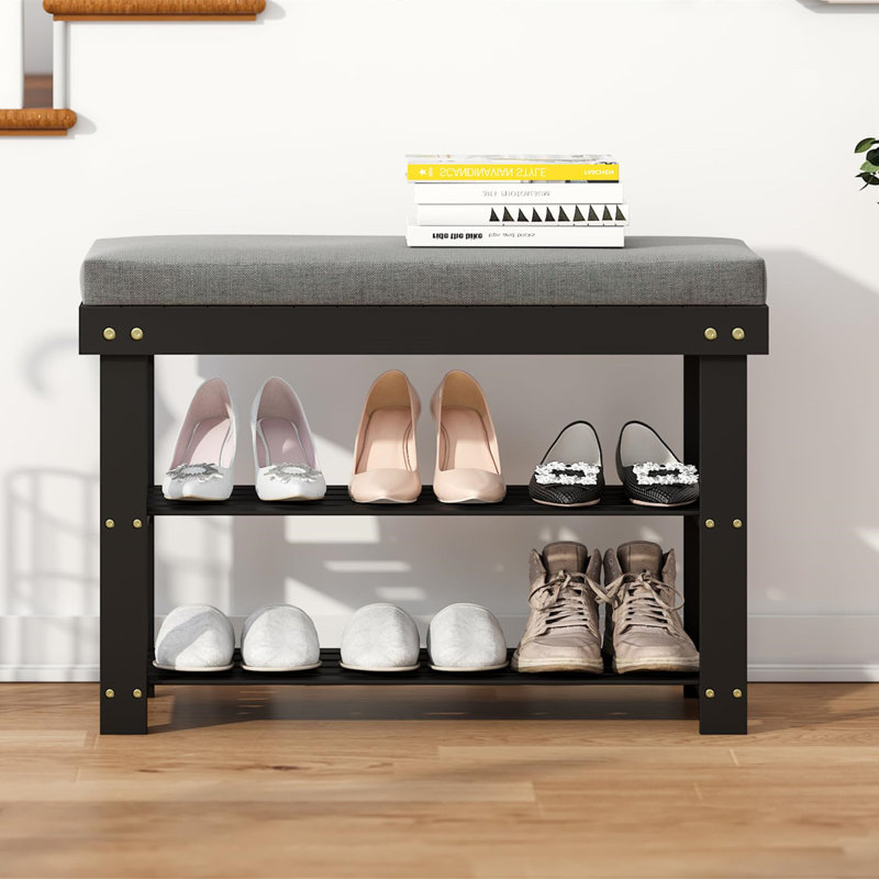 Étagère à chaussures en bambou, organisateur de rangement avec siège rembourré, Noir