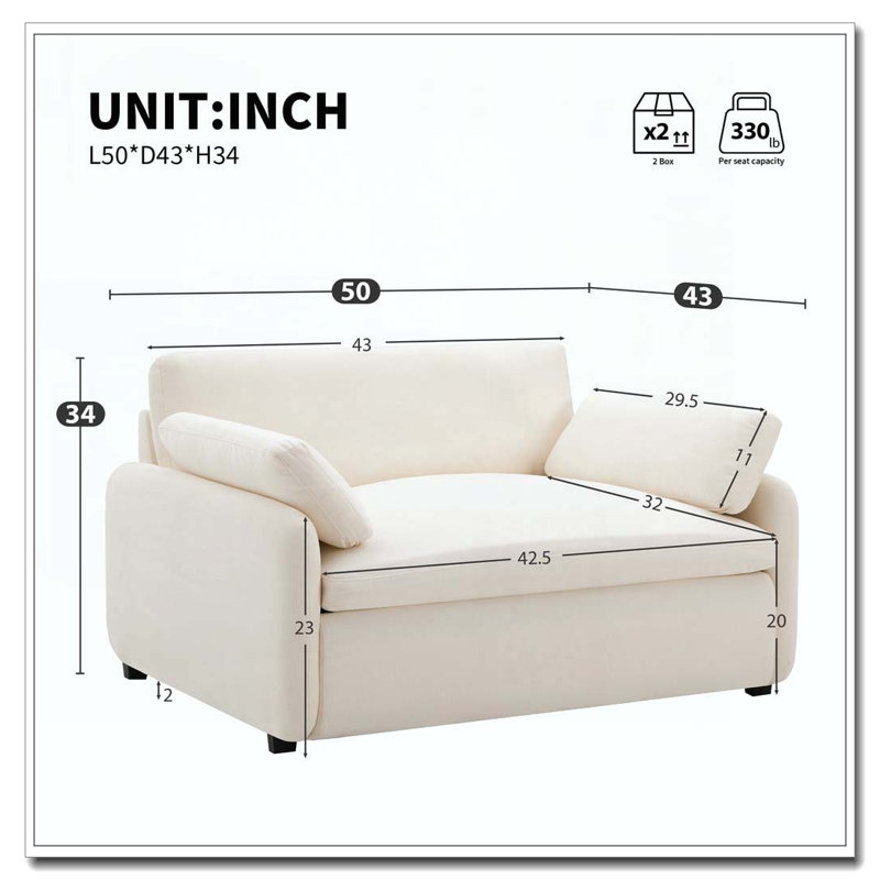 Fauteuil simple surdimensionné en chenille 50 * 43 ", chaise d'appoint large et profonde, Crème