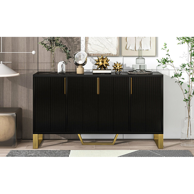 Buffet moderne avec quatre portes, poignées et pieds en métal et armoire de cuisine à tablettes réglables, Noir
