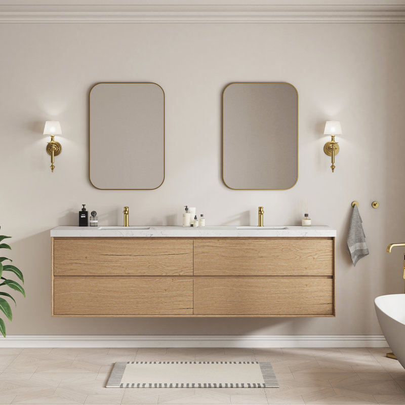 Pre-Assembled Wall Mounted Floating Bathroom Vanity In Natural Oak, Double Sinks With Engineered Marble Top, 84"