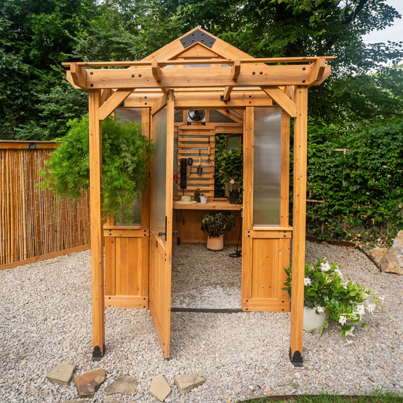 Cedar Wood and Polycarbonate Walk-in Greenhouse with Shelves and Fan