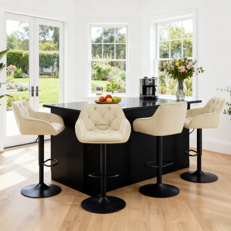 Kafka Velvet Upholstered Height Adjustable 360 Swivel Bar Stools, Beige