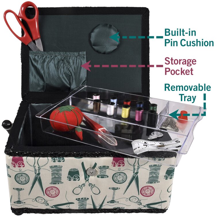 Large Sewing Box with Accessories Sewing Storage and Organizer with  Complete Sewing Kit Tools - Wooden Sewing Basket with Removable Tray and  Tomato