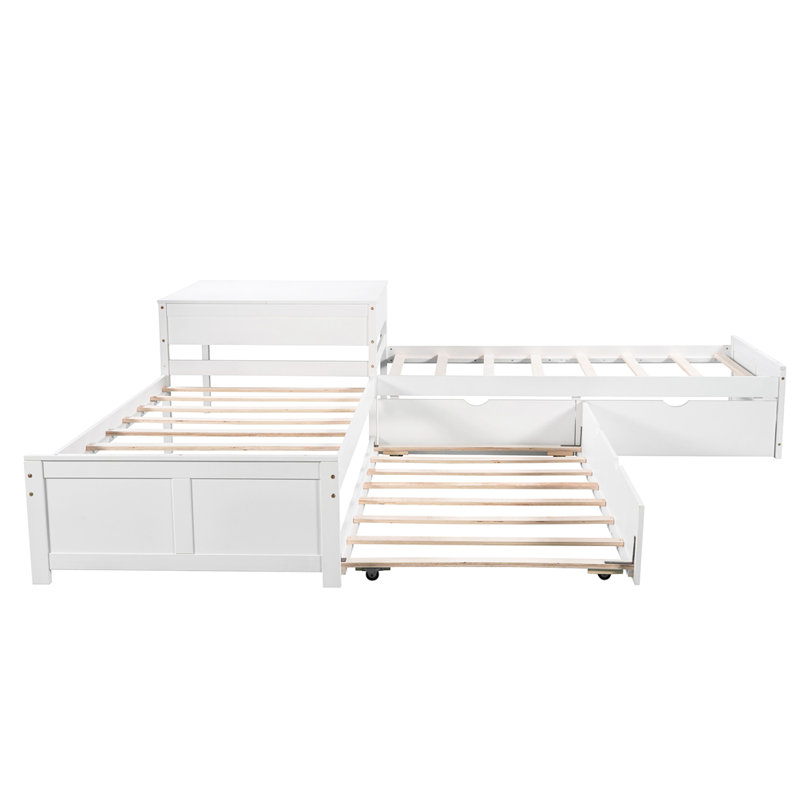 Twin Size L Shape Platform Bed Frame With Trundle, Rawers And Built-In Table, White