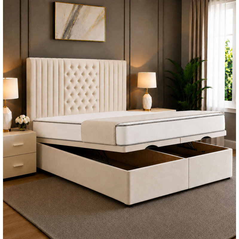 Elizabeth Divan Ottoman Storage Bed Frame with Luxury Floor Standing Headboard with End Lift Storage, 4FT Small Double Bed