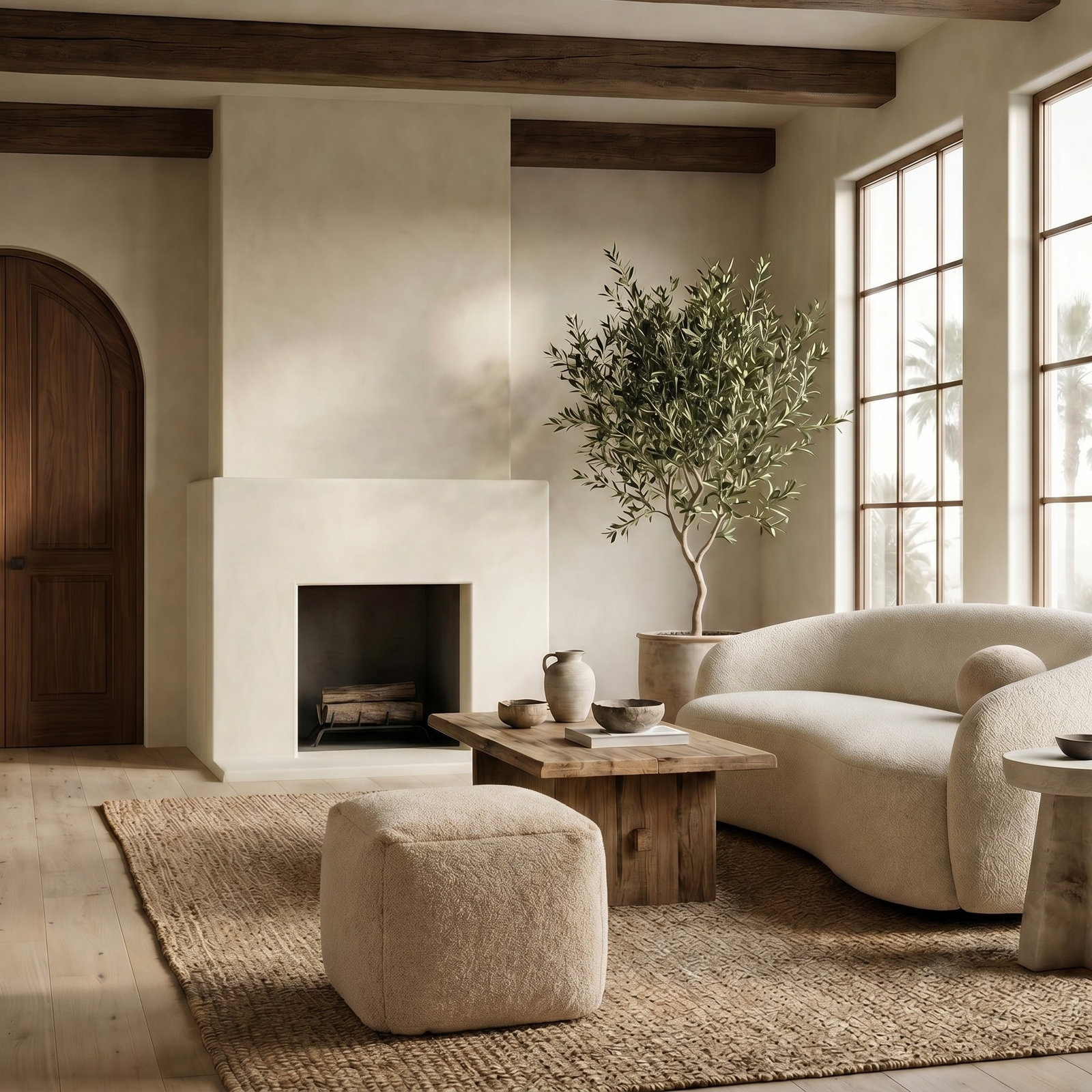 Inaki Upholstered Pouf, Light Brown Faux Lams Wool
