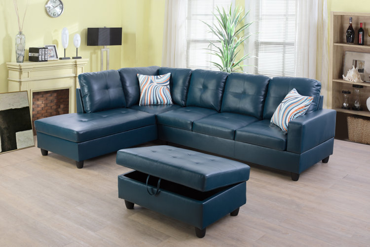 Wilhelmine 103.5" Wide Faux Leather Sofa & Chaise with Ottoman