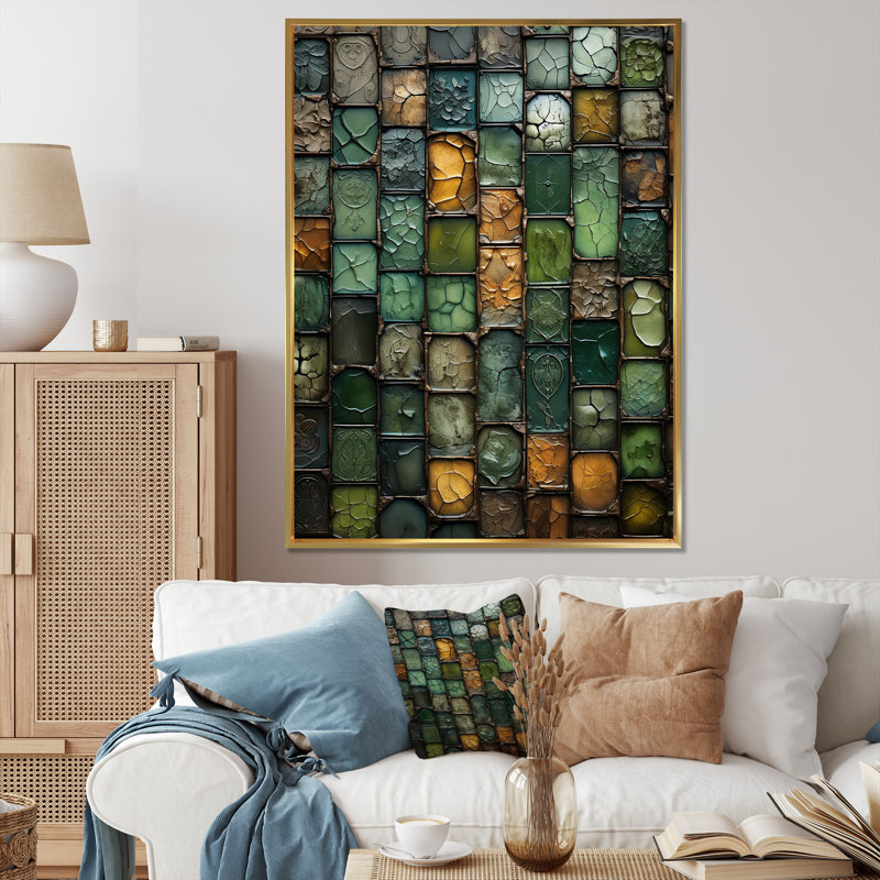 Green Stones Tiles II - Abstract Tile, art mural, Cadre flottant doré, H 32 po x l 24 po x P 1 po
