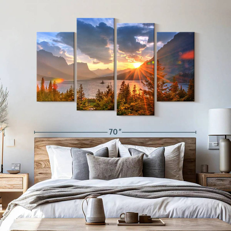 Lakeside Mountains, Montana, lac Saint Mary - 4 pièces sur toile tendue, H 42 po x l 68 po x P 1,25 po