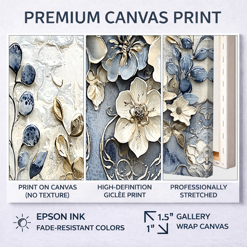 «White and Blue Floral Abstract Tiles II», ensemble d'art mural fleurs, H 40 po x l 60 po x P 1 po