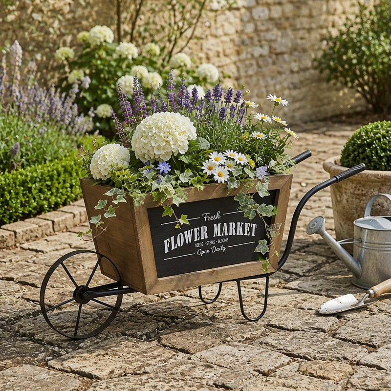 Jardinière en forme de brouette en bois avec cadre en fer et panneau « Marché aux fleurs »