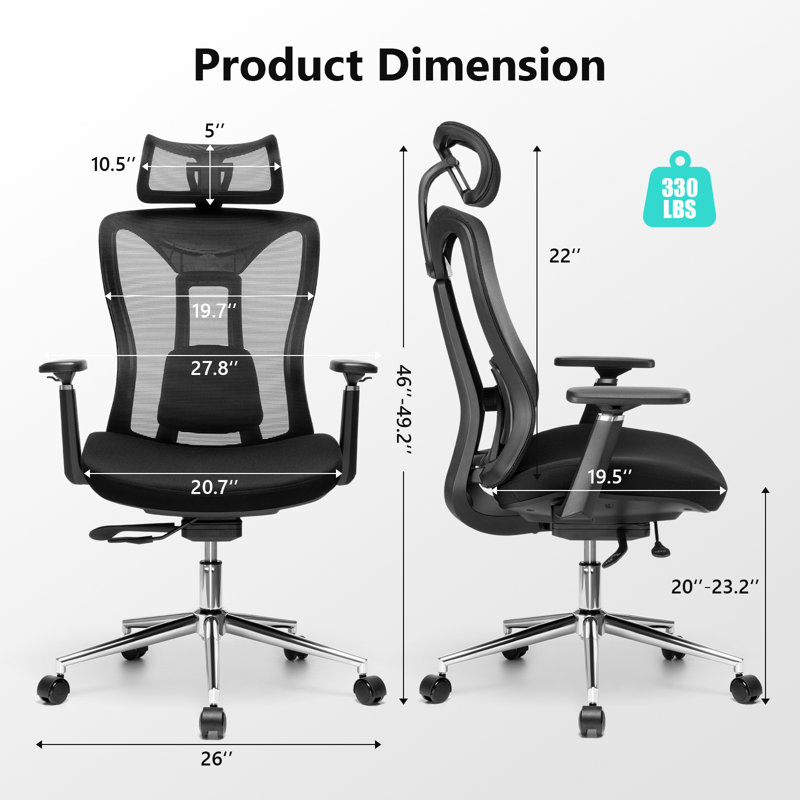 Chaise de bureau ergonomique en filet avec coussin moelleux, appui-tête réglable en 3D, lombaire et accoudoirs, chaise de travail pivotante à haut dossier, capacité de 330 lb