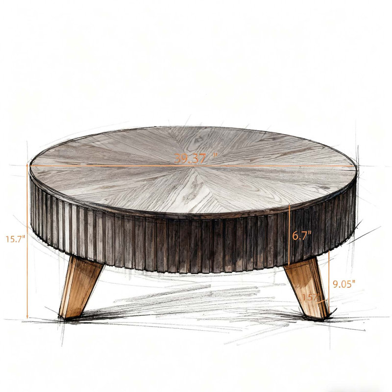 Retro Round Coffee Table With Storage, Brown Top/Natural Base, 15.7" H x 39.37" L x 39.37" W
