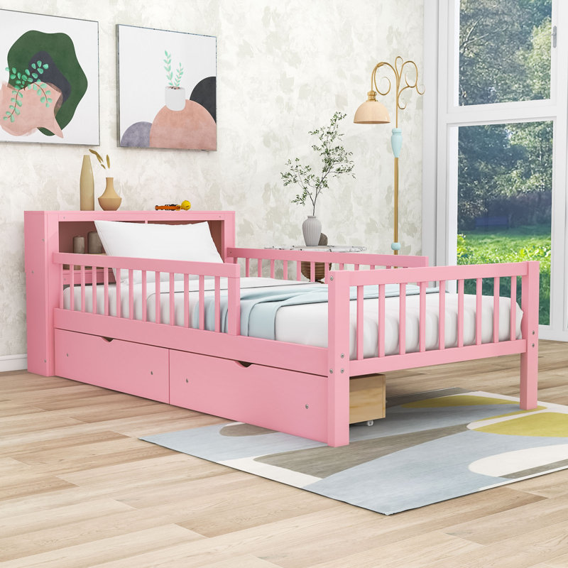 Lit plateforme simple en bois avec 2 tiroirs et tête de lit, Rose