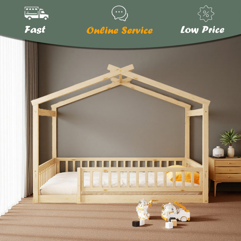 Wood Bed House Bed Frame With Fence, Natural, Full