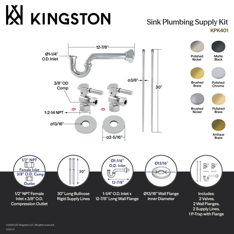 Kingston Brass Concord Modern Plumbing Sink Trim Kit with P-Trap, Polished Nickel