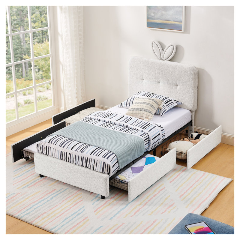 Lit simple tapissier pour enfants avec tête de lit surdimensionnée pour oreilles de lapin, lumière DEL et 4 tiroirs de rangement en tissu bouclé beige
