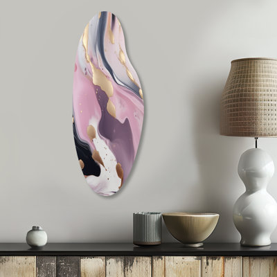 «Rose and Gold Mysterious Marble V», art mural incurvé en métal pour le salon, reproduction d'art asymétrique moderne en métal