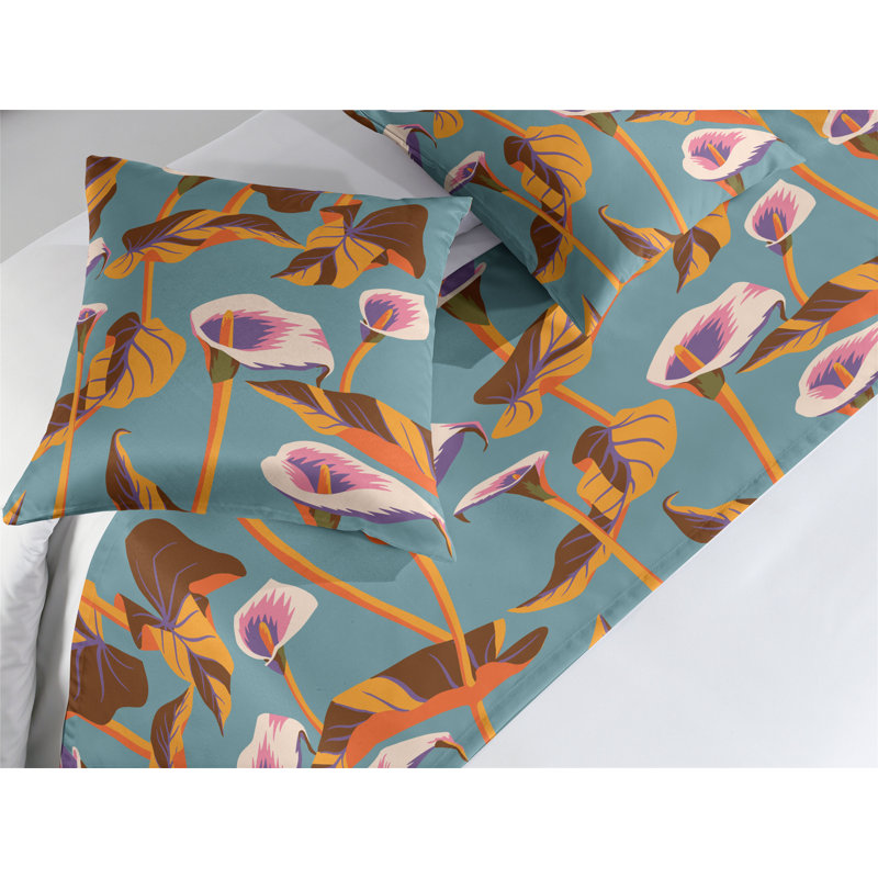 Ensemble de chemin de lit Ambesonne Fleurs Boho Abstrait Calla Lilies Cadet Bleu Fuchsia Orange, Très grand lit