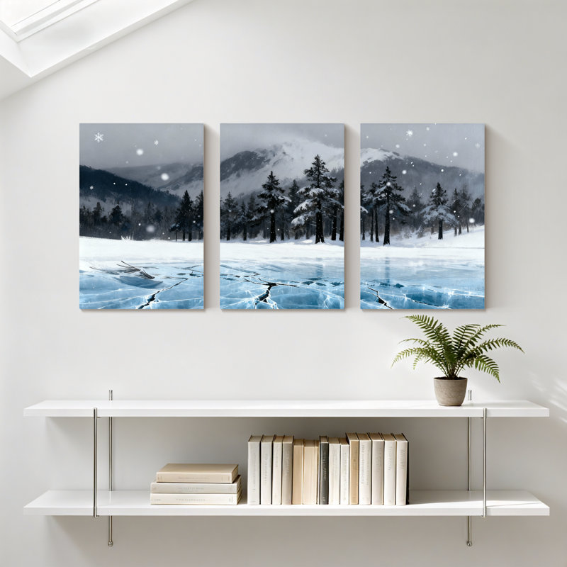 Hiver, forêt, paysage d'hiver, montagnes enneigées, lac de glace, ensemble de 3 impressions sur toile, H 18 po x l 36 po