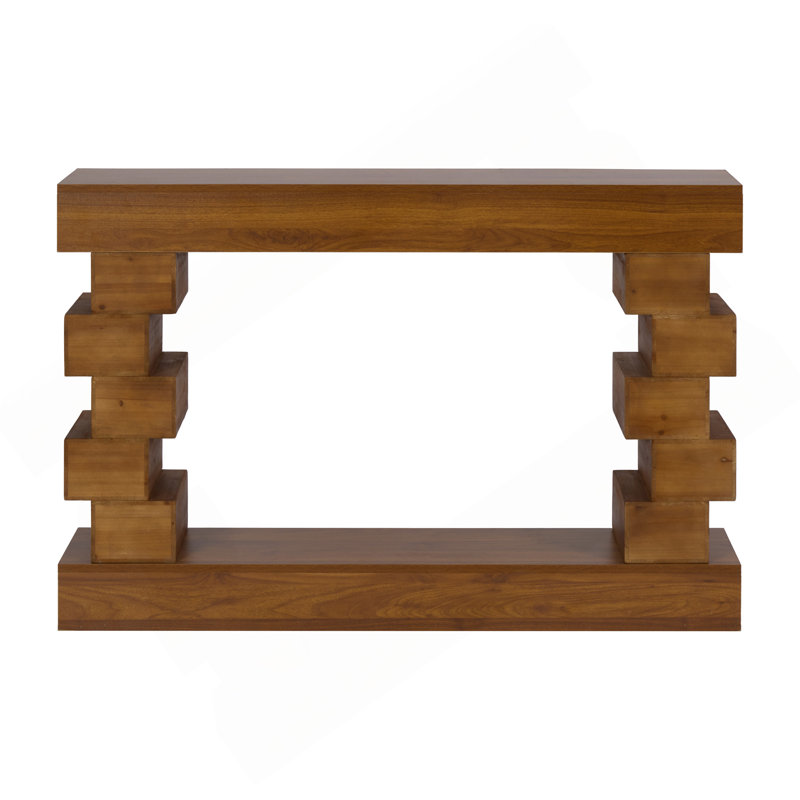 Geometric Block Stacked Wood Console Table With Warm Natural Finish