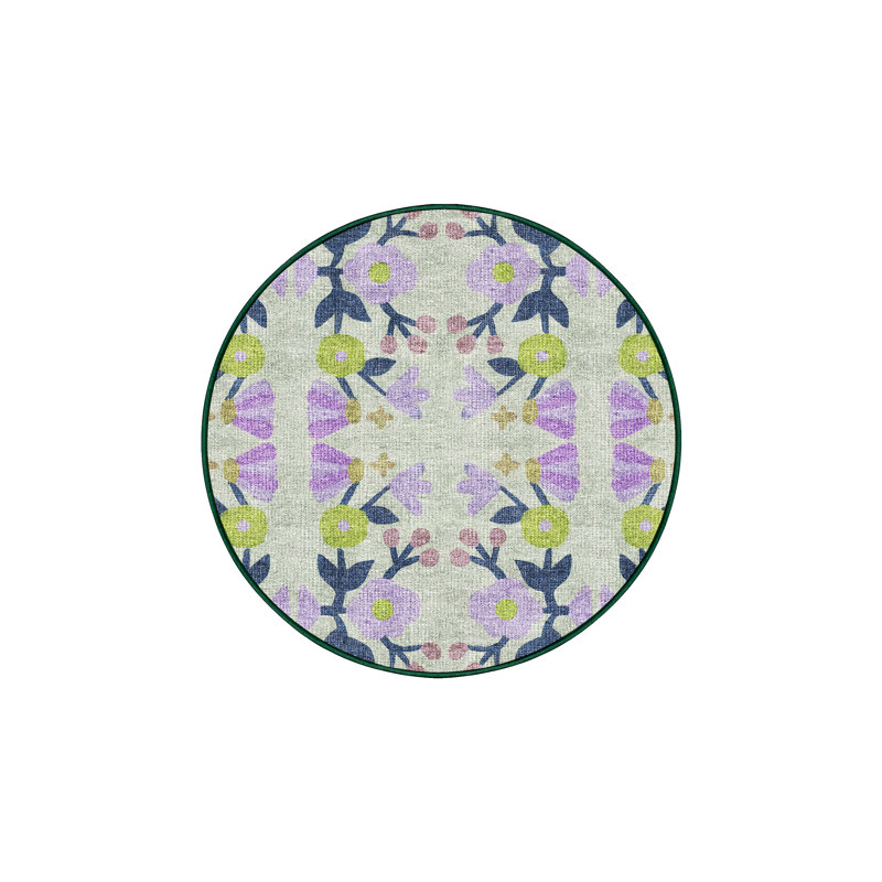 Tapis en chenille / polyester tissé à la machine à motif floral Fitima, Rond 4 pi