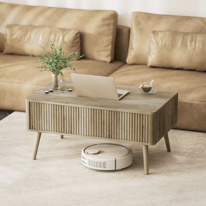 Table basse à plateau relevable, table centrale avec compartiments cachés, chêne