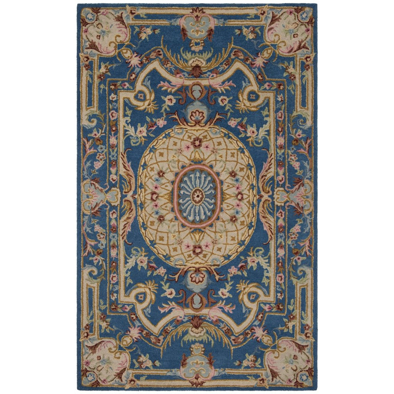 Tapis bleu / ivoire en laine touffeté à la main Priscila, Rectangle 4 pi x 6 pi