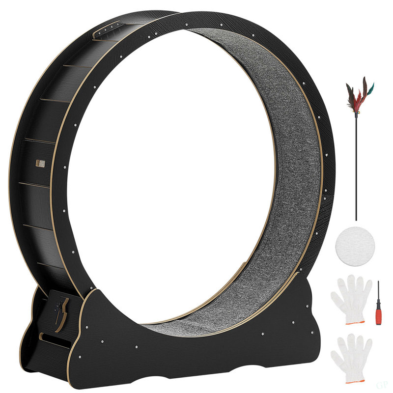 Roue d'exercice pour chat, roue de course à chat en bois de 48 po pour chats d'intérieur jusqu'à 28 lb, tapis roulant avec piste recouverte de tapis et mécanisme de verrouillage, jouets de sport pour animaux de compagnie, chaton silencieux, noir
