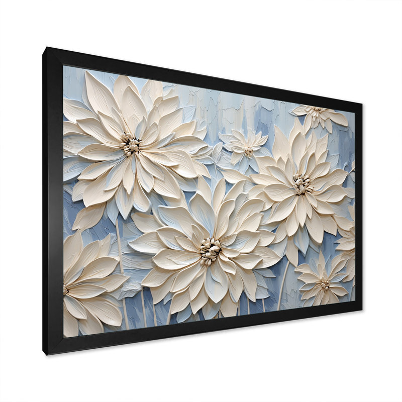 " Minimal White And Grey Cornflowers Impression ", 30" H x 40" W x 1.5" D, Black Single Picture Framed