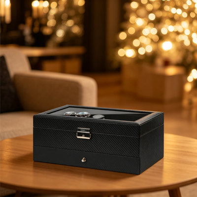 Jewelry Box for Men, 6 Slot Watch Box with Drawer, 2-Layer Watch Organizer with Glass Lid, PU Leather Watch Case for Watches, Sunglasses, and Accessories, Velvet Lining, Gift for Husband Dad