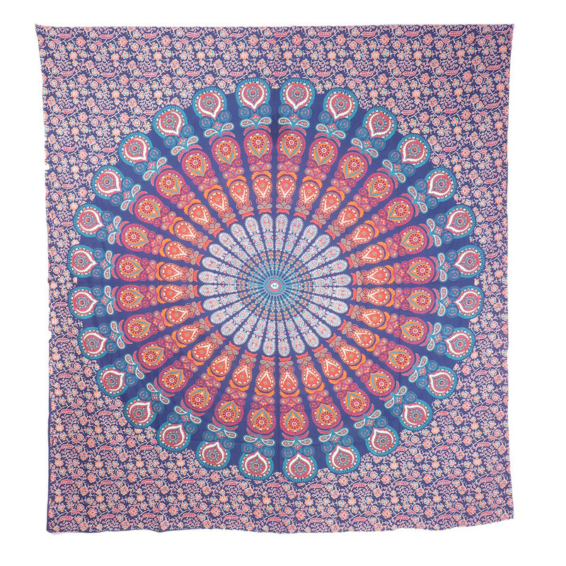 Tapisserie 92 po x 84 po en coton mandala orange, mauve et bleu