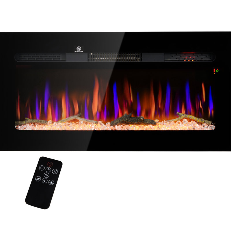 Foyer électrique 40 po: chauffage 1500 W, encastré au mur, flamme réglable, bûche et cristal, minuterie 8H, acier noir 1500 W, monté, couleur et luminosité de la flamme,