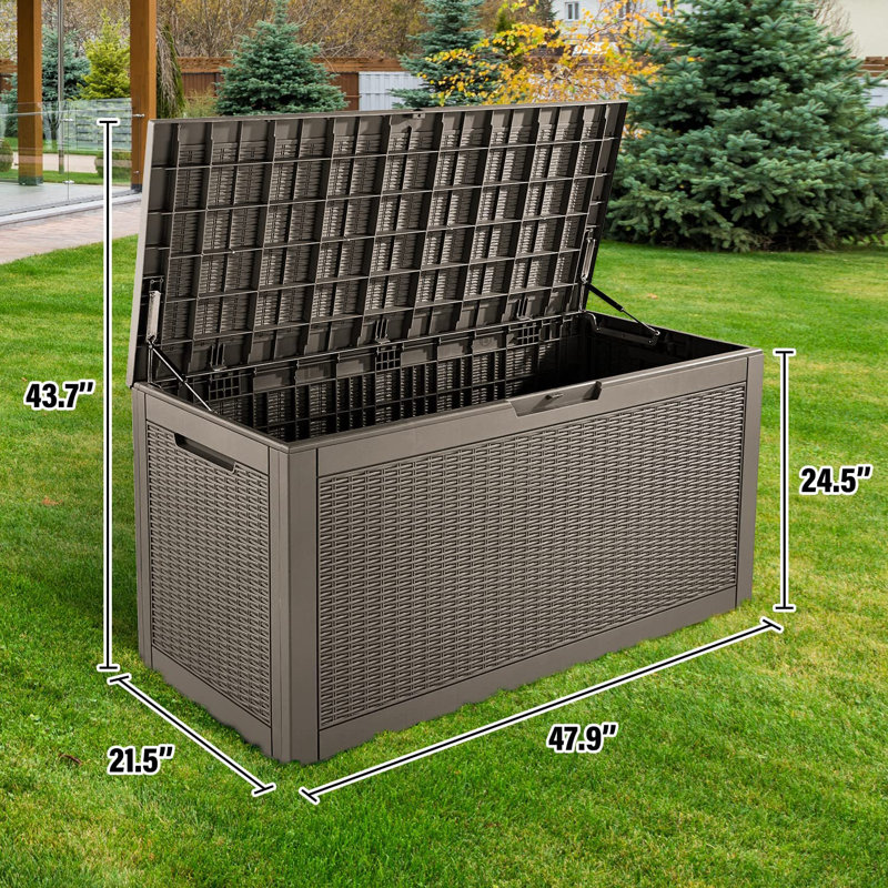Tan Lockable Plastic 100 Gallon Deck Storage Box Bench