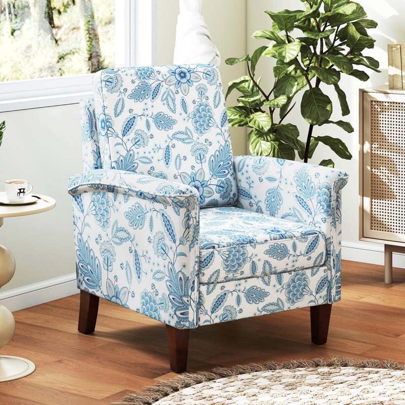 Chaise d'appoint florale avec pieds en bois massif et coussins épais à dossier haut bleu, 2