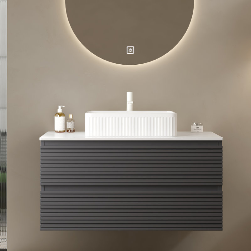Ensemble de meuble-lavabo mural rayé en contreplaqué gris avec lavabo vasque Eclat