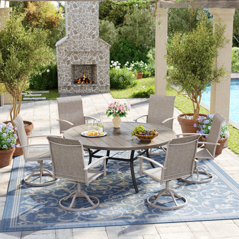 Ensemble de salle à manger de patio rond 6 chaises avec chaises pivotantes en polyester enduit de PVC 360 ° Peroson
