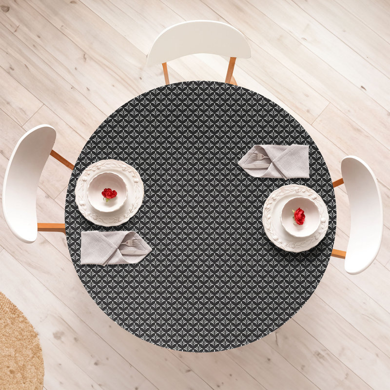 East Urban Home Art Deco Fitted Round Tablecloth Charcoal Grey Coconut, 64.17" Round