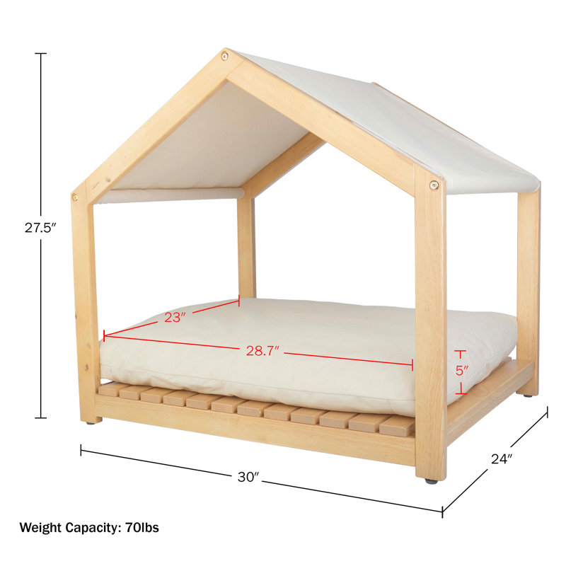Small Natural Wood Indoor Dog House with Cushion and Canopy