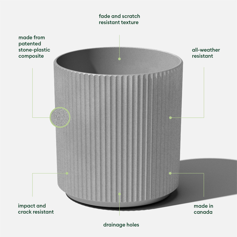 Demi 20" Gray Plastic-Stone Round Planter with Fluted Edges