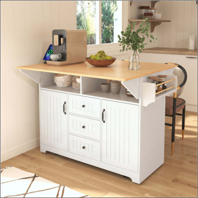 Kitchen Island With 2 Drop Leaf,, Rolling Kitchen Cart On 5 Wheels With Power Outlet, Folding Storage Dining Table With Spice & Towel Rack , 3 Drawers, For Kitchen, Dining Room