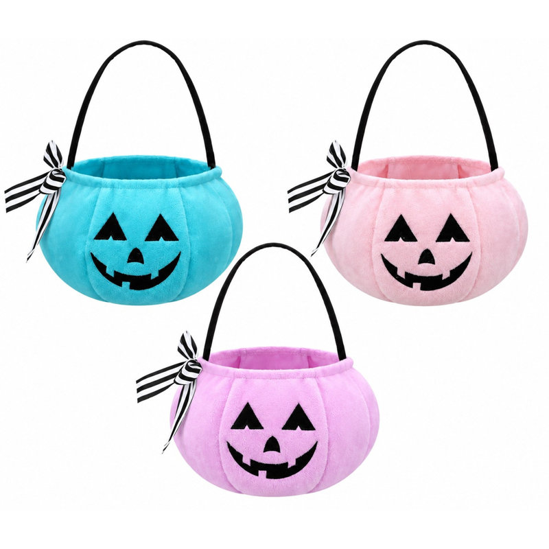Lot de 3 petits paniers citrouilles d'Halloween (20 x 13 cm) avec poignée, parfaits pour la distribution de bonbons ou de friandises.