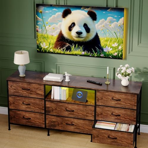 63" w LED TV Stand Dresser with 8 Fabric Drawers, Dressers & Chests of Drawers TV Stand with Storage for 65", 70", 75" TV, Steel Frame & LED Lighting
