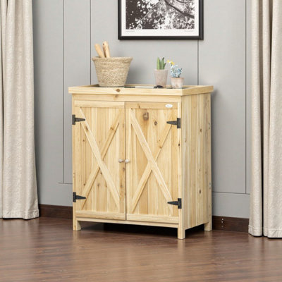 Armoire de rangement extérieure en bois naturel avec plateau galvanisé Outsunny, 2 tablettes - Remise à outils pour le jardin, la cour et la piscine (31,5 po x 17,8 po x 36,3 po)